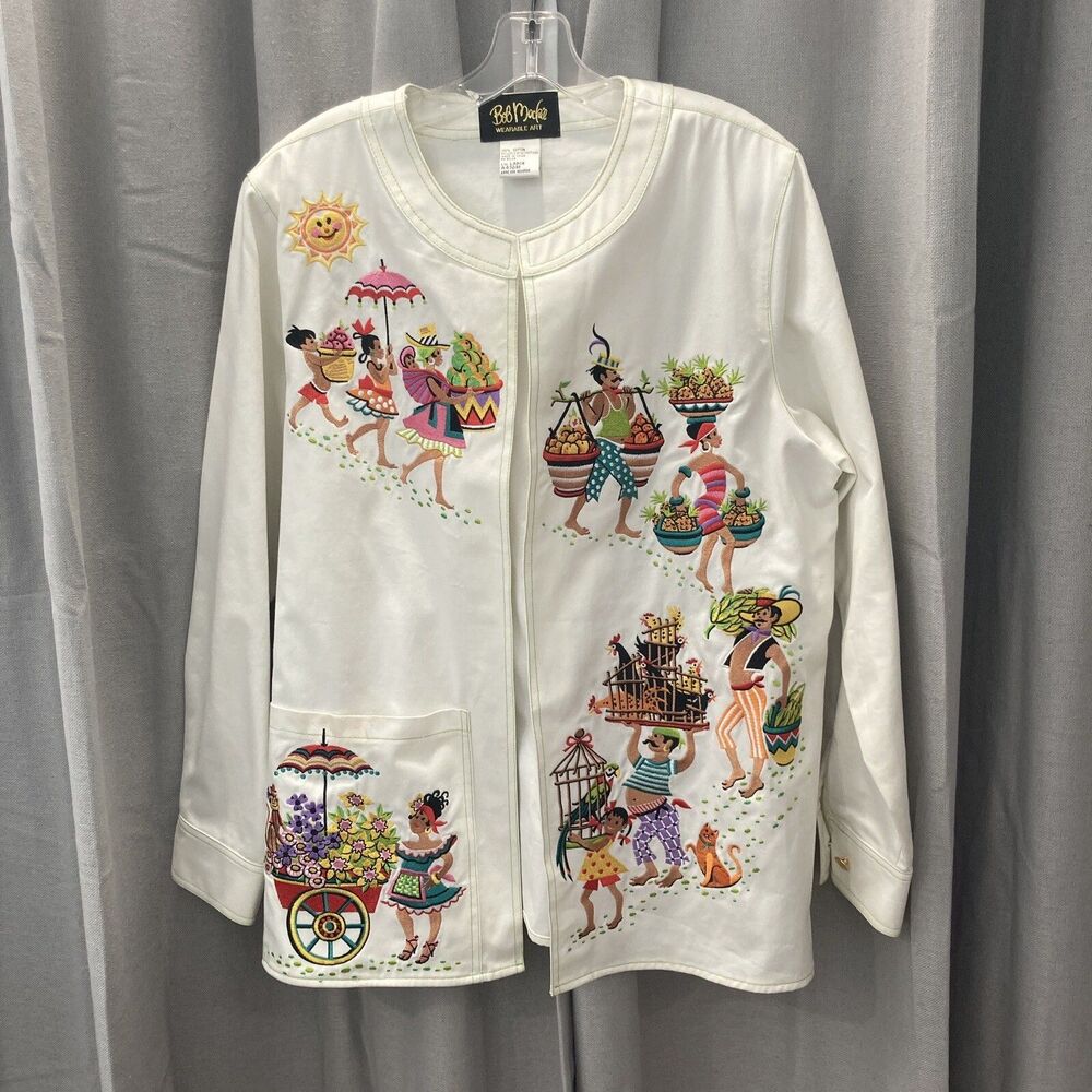 Bob Mackie Wearable Art Open Jacket Embroidered Island People Size Large